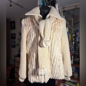 Vintage Old Money Rabbit Fur Sweater Jacket Set • Genuine Fur + Scarf & Gloves